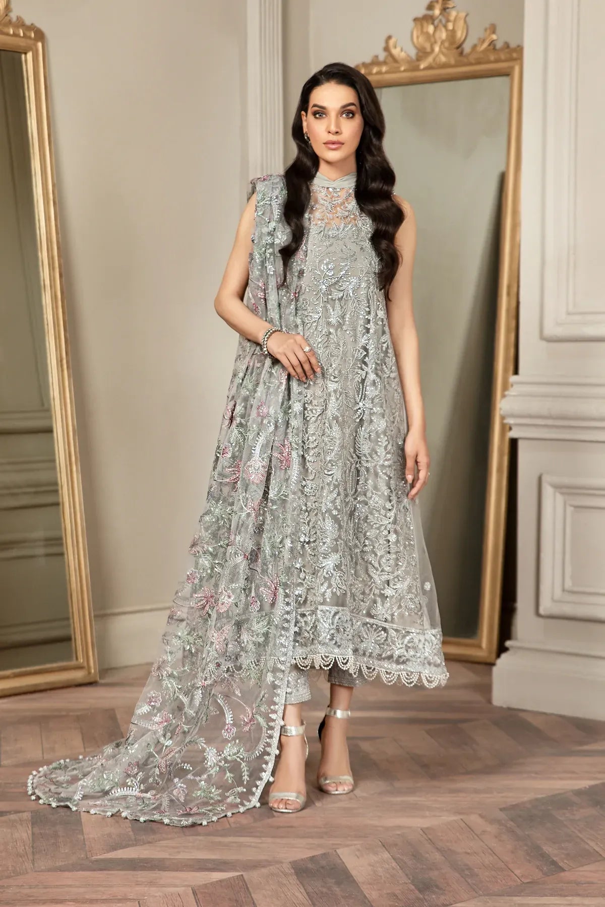 Full front shot of the Zarif Mehroz Formals Silver Grey replica showcasing the heavy sequins net embroidery and tassels.