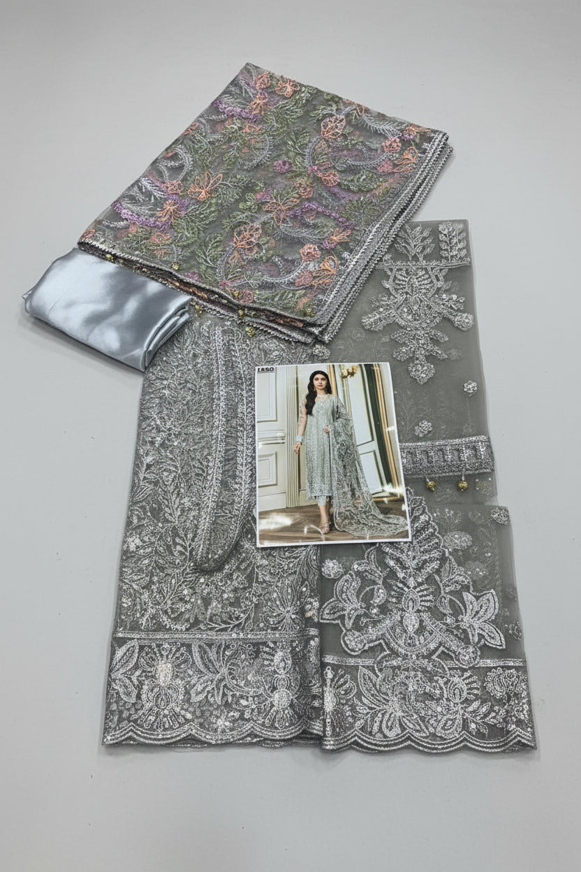 Full front shot of the Zarif Mehroz Formals Silver Grey replica showcasing the heavy sequins net embroidery and tassels.