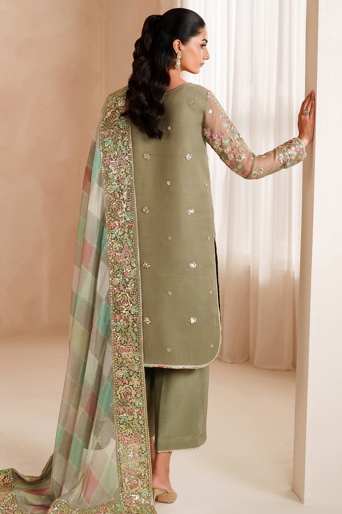 Full front view of the Farasha Luxury Chiffon Embroidered Olive Dazzle suit showcasing the embroidered front and border.
