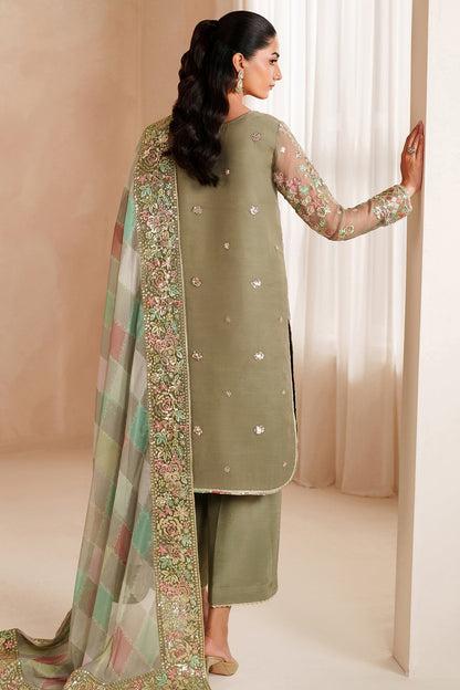 Full front view of the Farasha Luxury Chiffon Embroidered Olive Dazzle suit showcasing the embroidered front and border.