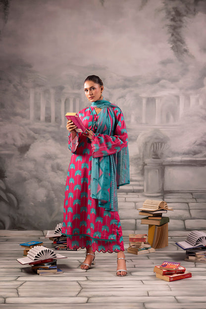 Pink Salina Separates Lawn Collection unstitched set worn by model in a summer garden shoot.