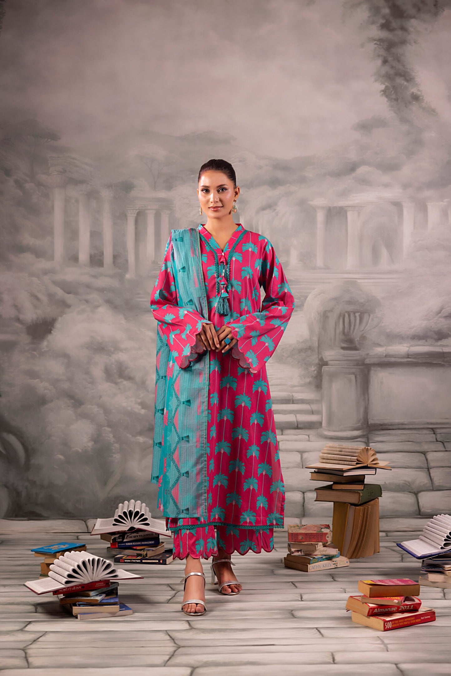 Pink Salina Separates Lawn Collection unstitched set worn by model in a summer garden shoot.