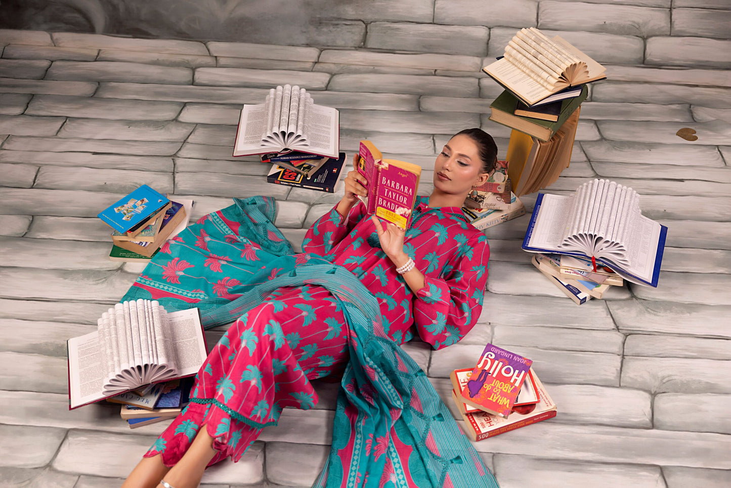 Pink Salina Separates Lawn Collection unstitched set worn by model in a summer garden shoot.