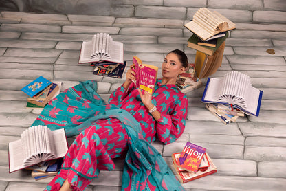 Pink Salina Separates Lawn Collection unstitched set worn by model in a summer garden shoot.