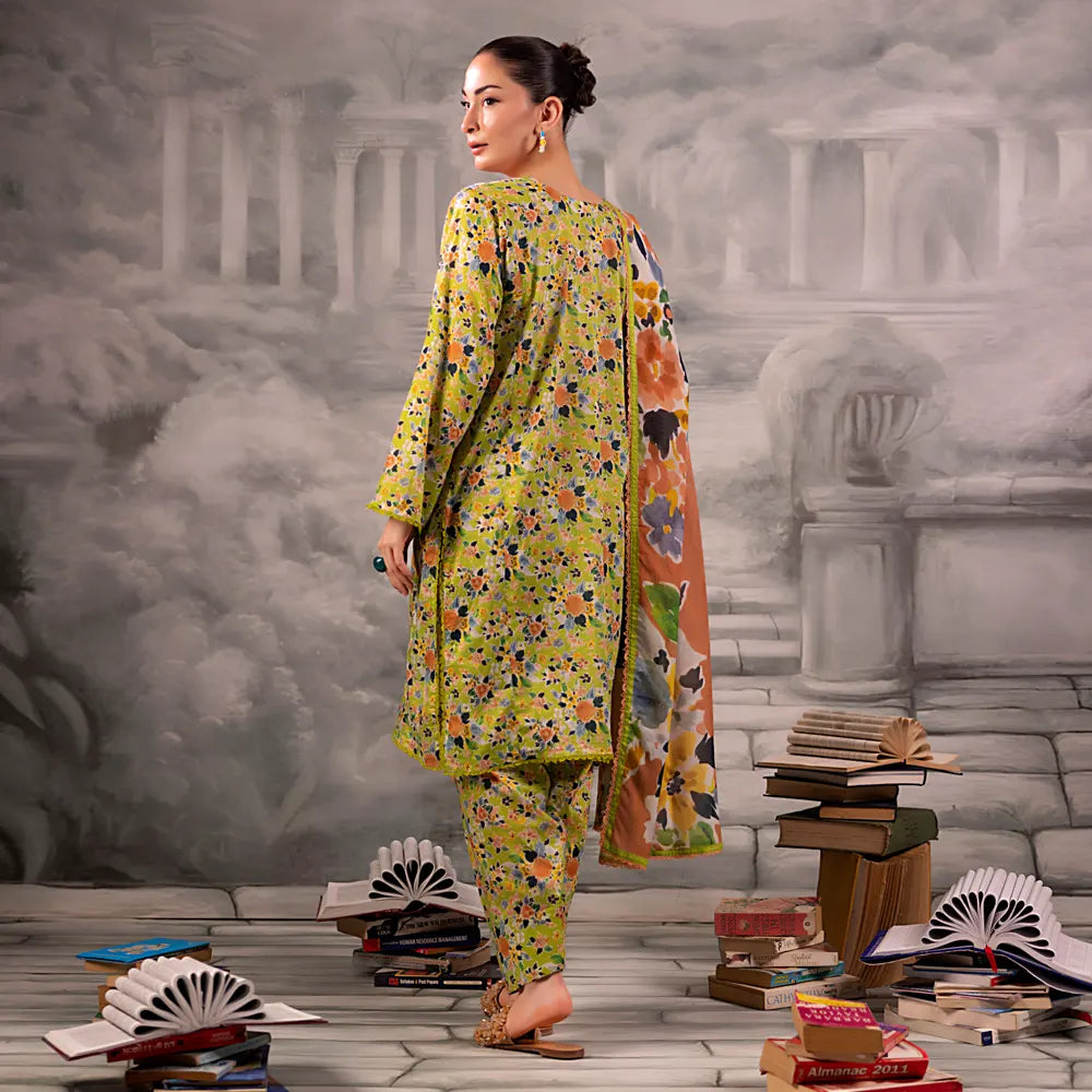 Olive Green Salina Separates Lawn Collection styled by model for a modern ethnic outfit.