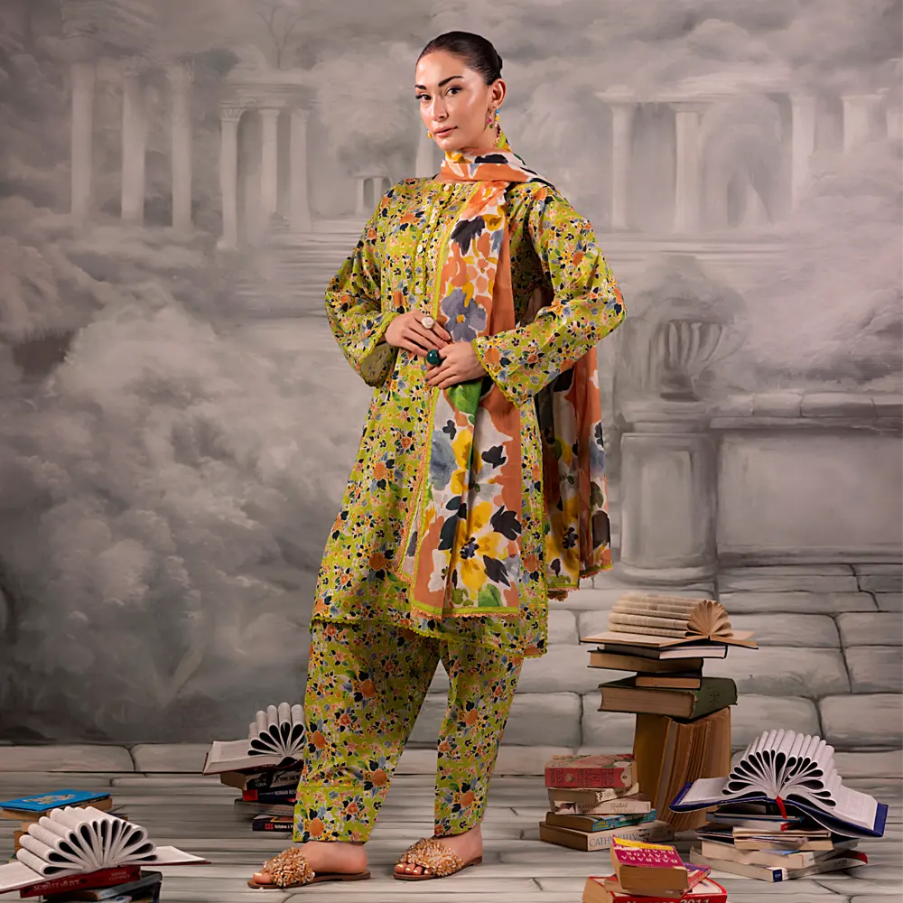 Olive Green Salina Separates Lawn Collection styled by model for a modern ethnic outfit.