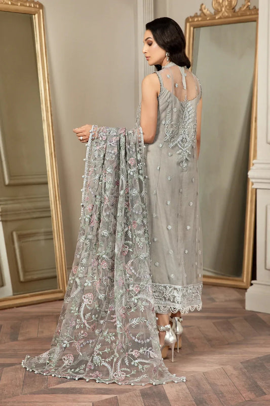 Full front shot of the Zarif Mehroz Formals Silver Grey replica showcasing the heavy sequins net embroidery and tassels.