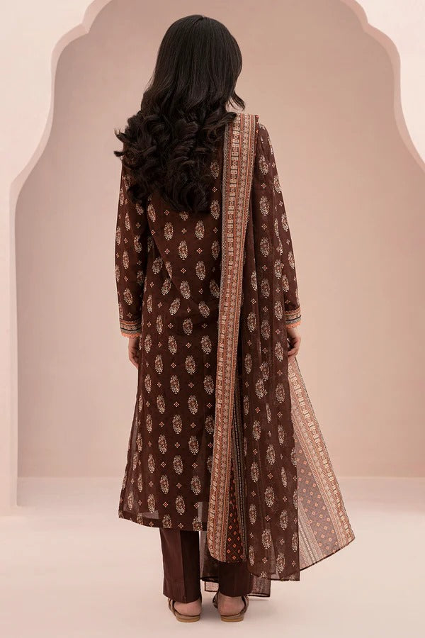 Brown Zellbury 3pc Unstitched Lawn Suit – Stylish Pakistani Lawn Outfit 2025