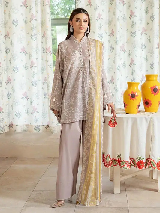 Pearl And Petals by Binaas 3pc Unstitched Bana Dora Lawn Collection – Elegant Taupe