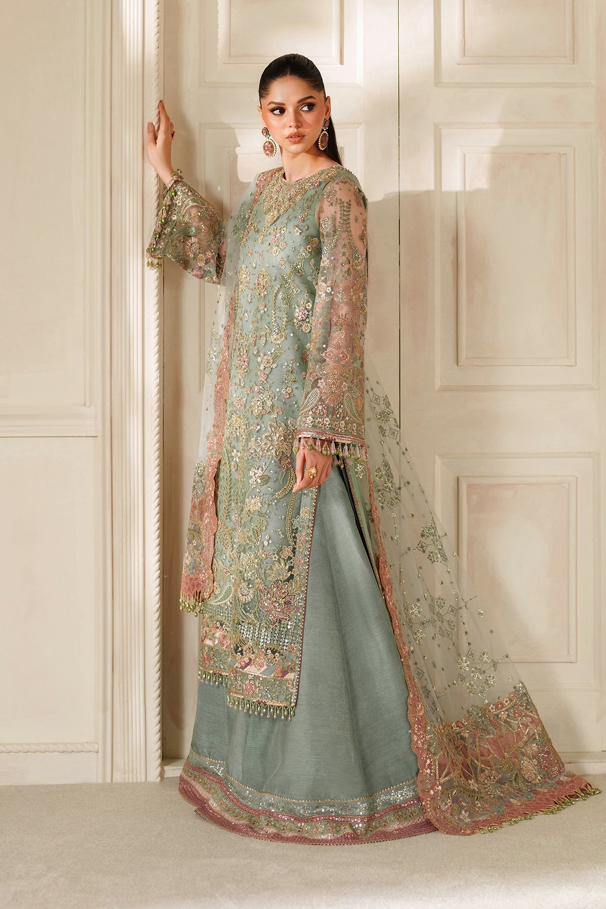 Baroque Net Embroidered - Dusty Sage Green 3-Pc | Replica