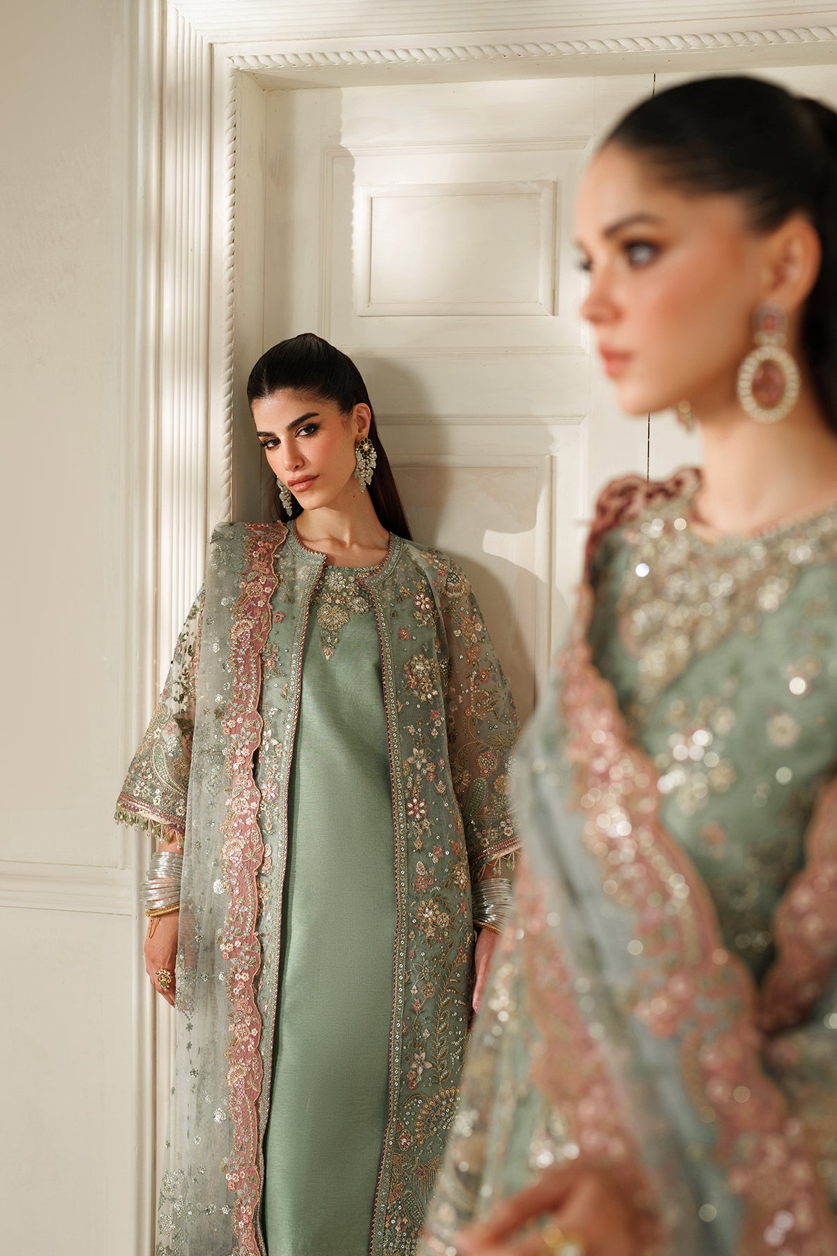 Baroque Net Embroidered - Dusty Sage Green 3-Pc | Replica