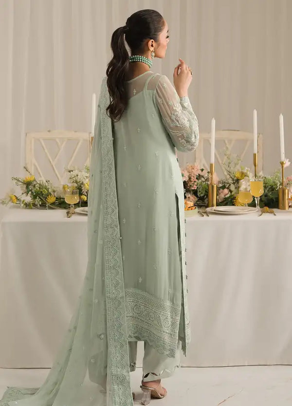 Full front shot of the Gulal Luxury Chiffon Embroidered Pistachio replica showcasing the heavy adda work neckline and sequin embroidery.