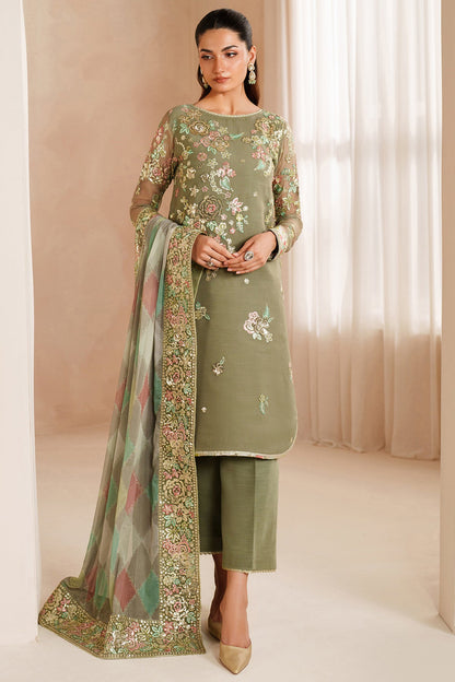 Full front view of the Farasha Luxury Chiffon Embroidered Olive Dazzle suit showcasing the embroidered front and border.