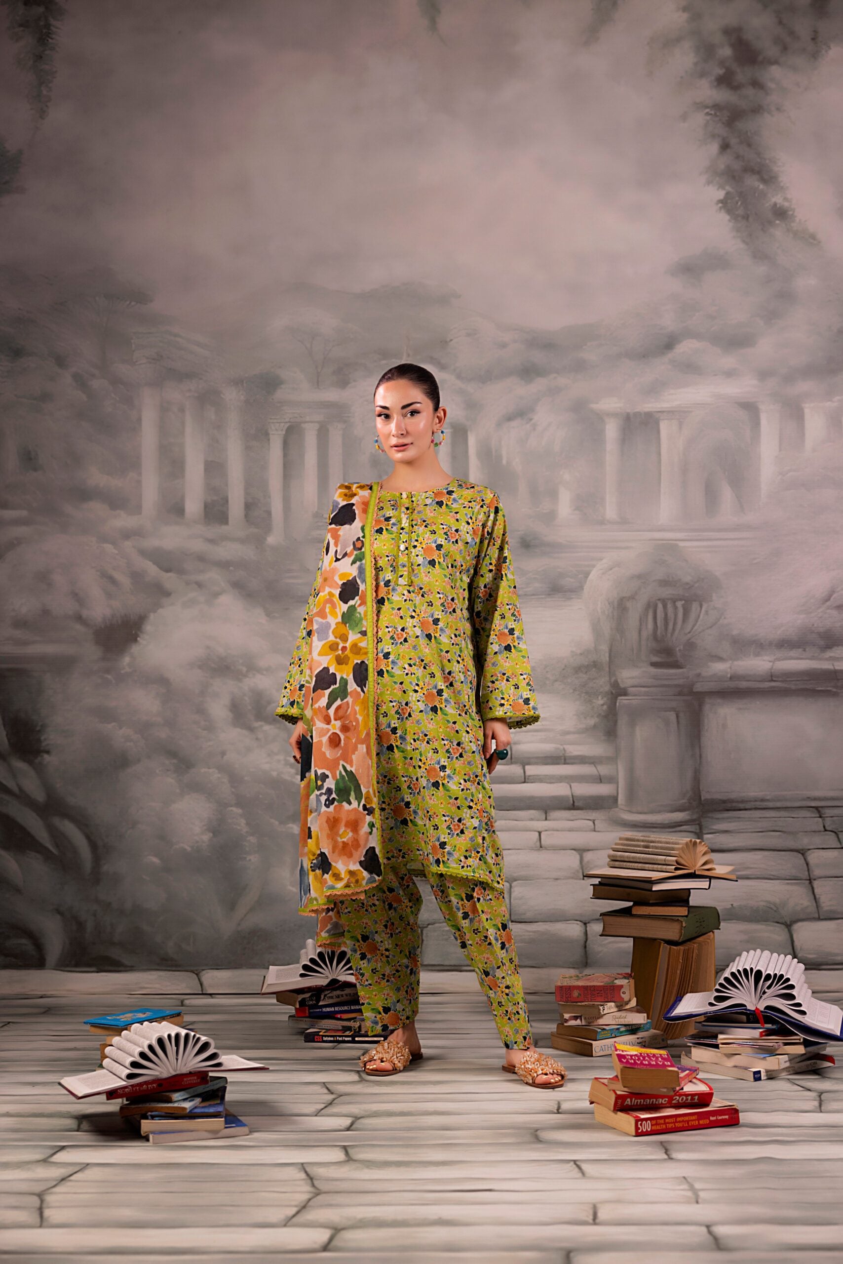 Olive Green Salina Separates Lawn Collection styled by model for a modern ethnic outfit.