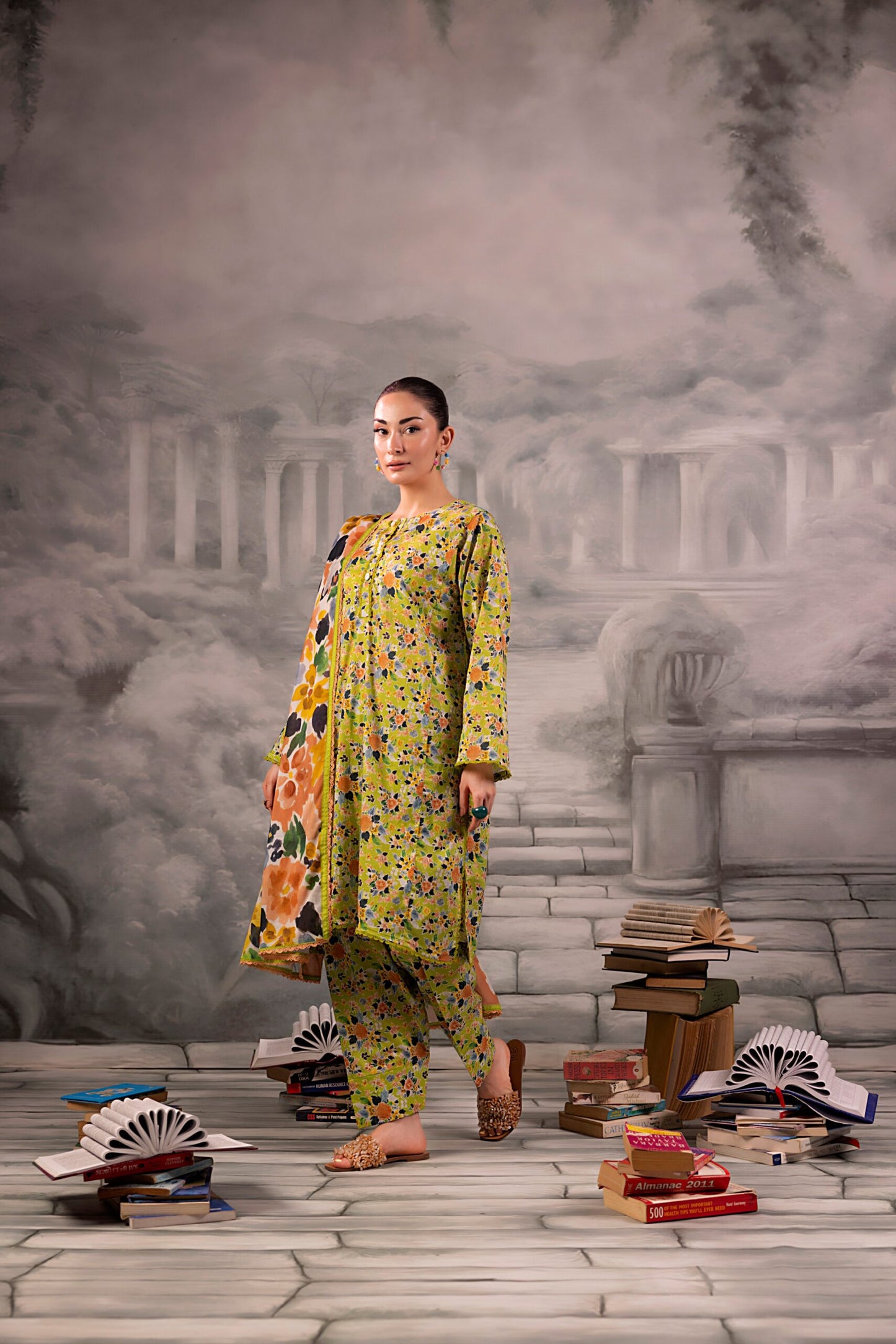 Olive Green Salina Separates Lawn Collection styled by model for a modern ethnic outfit.