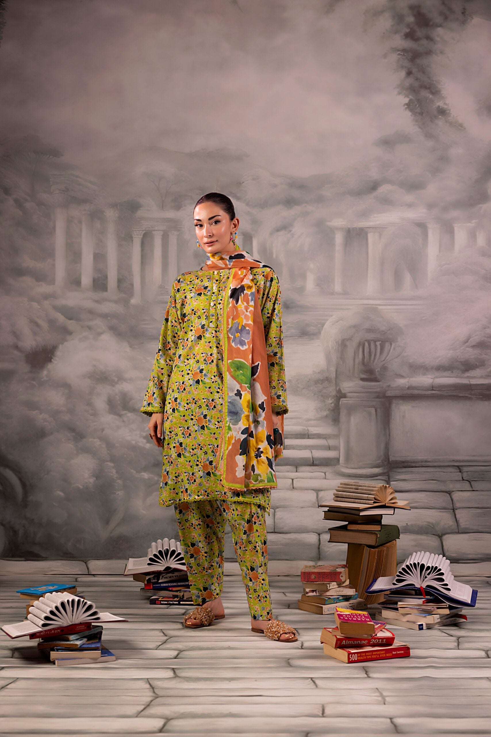Olive Green Salina Separates Lawn Collection styled by model for a modern ethnic outfit.