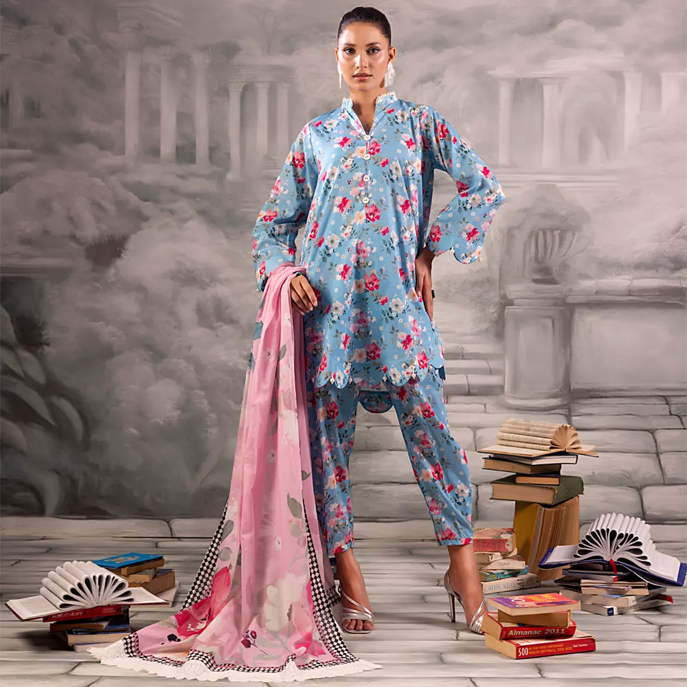 Sky Blue Salina Separates Lawn Collection worn by model showcasing an airy, cool summer vibe.