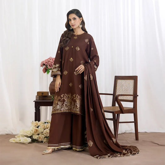 Dark Brown | Regalia 3pc Unstitched Jacquard Viscose