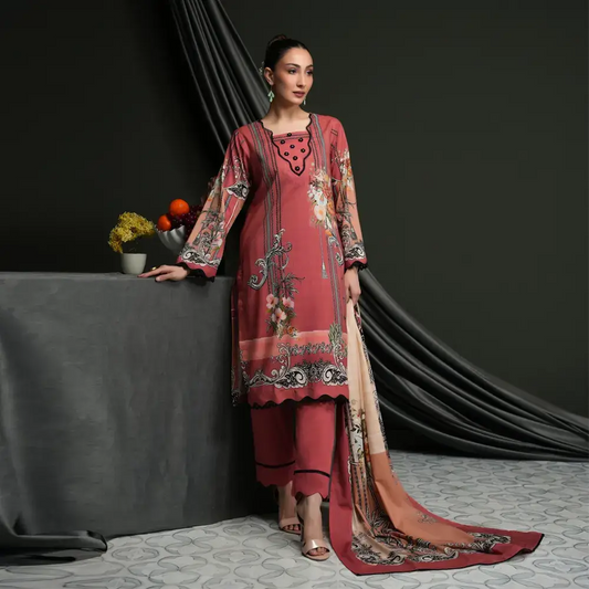 Salina 3pc Unstitched Linen | Dark Tea Pink