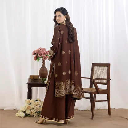 Dark Brown | Regalia 3pc Unstitched Jacquard Viscose