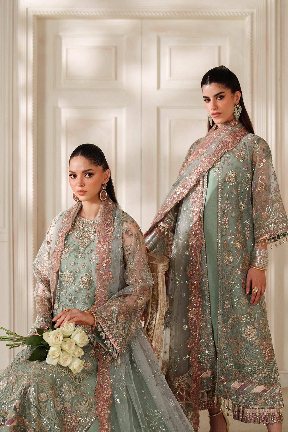 Baroque Net Embroidered - Dusty Sage Green 3-Pc | Replica