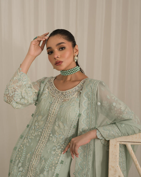 Full front shot of the Gulal Luxury Chiffon Embroidered Pistachio replica showcasing the heavy adda work neckline and sequin embroidery.