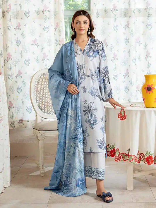 Pearl And Petals by Binaas 3pc Unstitched Bana Dora Lawn Collection – Light Grey