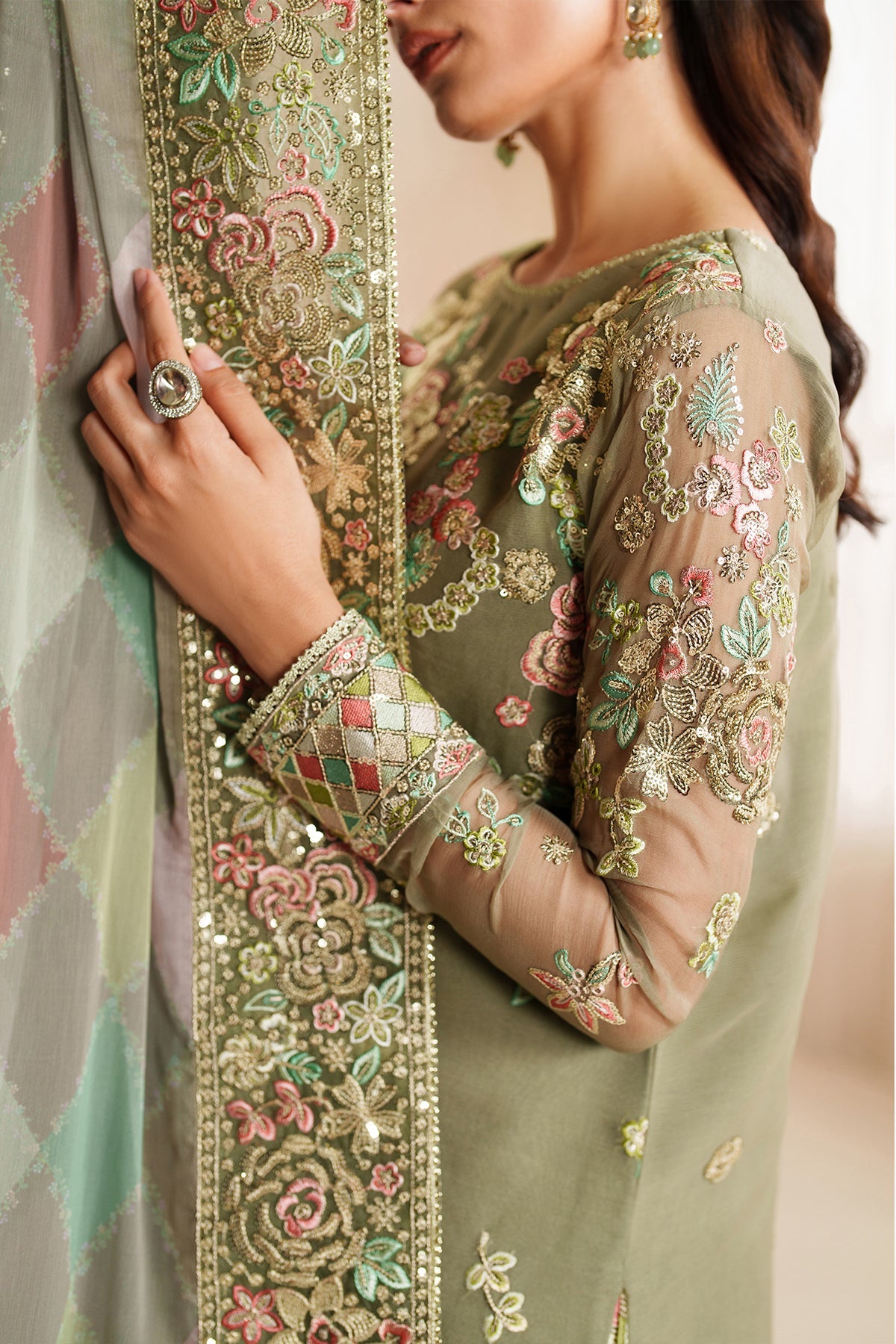 Full front view of the Farasha Luxury Chiffon Embroidered Olive Dazzle suit showcasing the embroidered front and border.