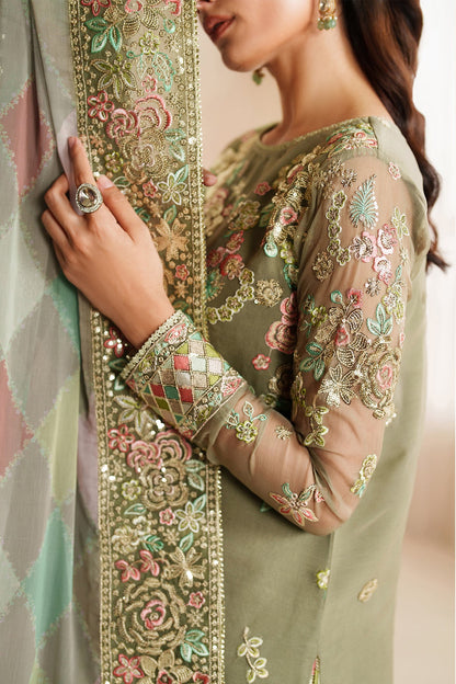 Full front view of the Farasha Luxury Chiffon Embroidered Olive Dazzle suit showcasing the embroidered front and border.