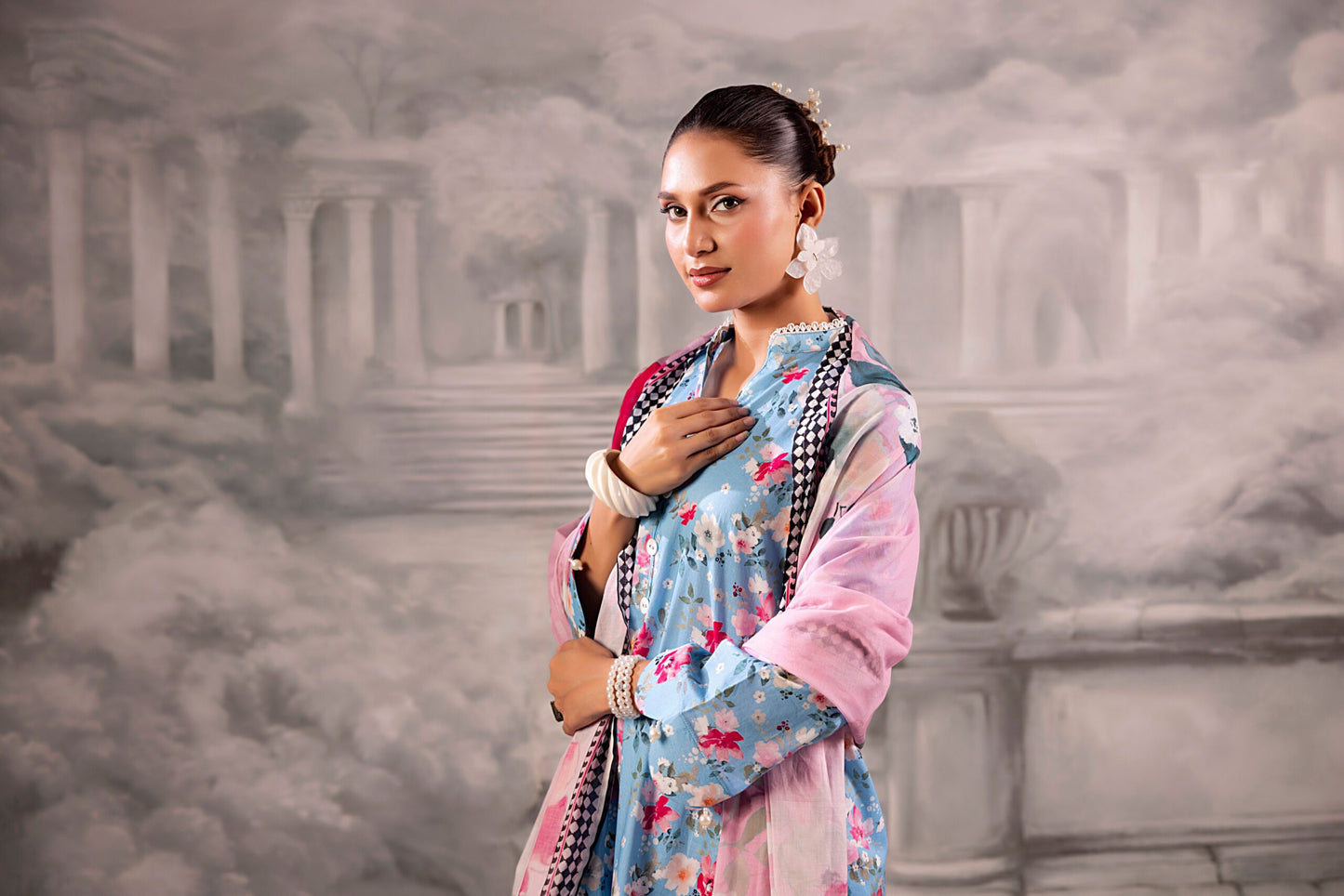 Sky Blue Salina Separates Lawn Collection worn by model showcasing an airy, cool summer vibe.