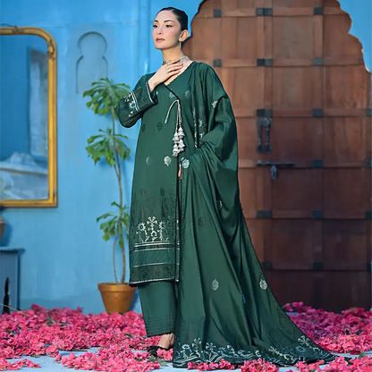 Bottle Green | Regalia 3pc Unstitched Jacquard Viscose