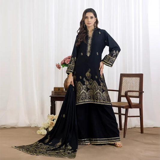 Black | Regalia 3pc Unstitched Jacquard Viscose