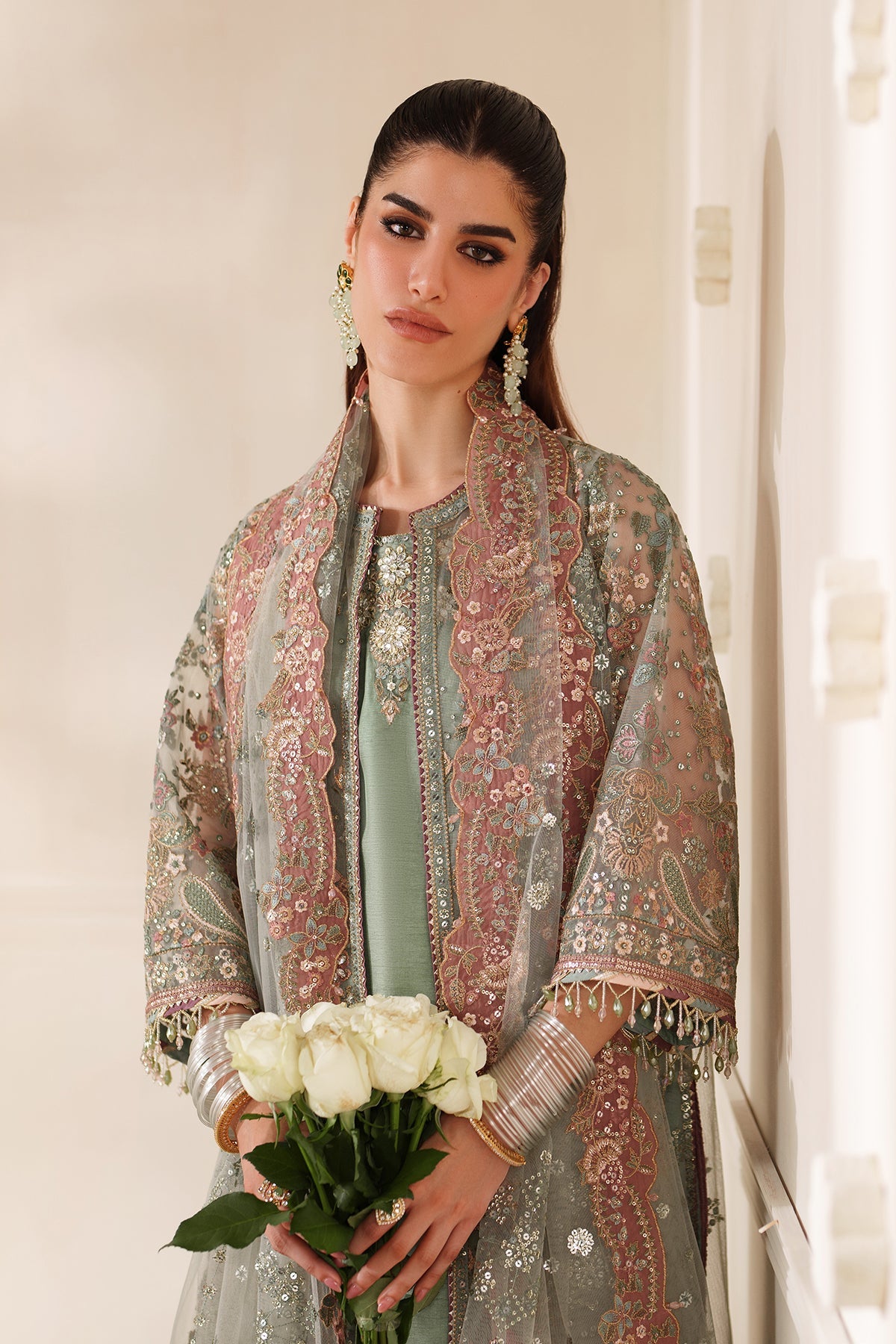 Baroque Net Embroidered - Dusty Sage Green 3-Pc | Replica