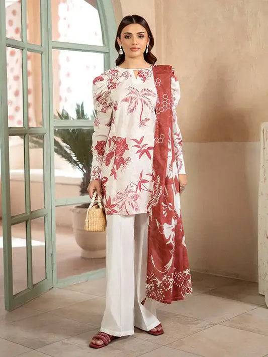 Pearl And Petals by Binaas 3pc Unstitched Bana Dora Lawn Collection – Ash White/Brown