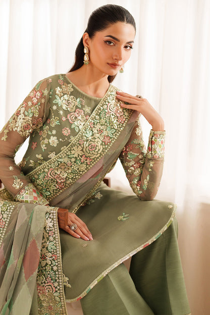 Full front view of the Farasha Luxury Chiffon Embroidered Olive Dazzle suit showcasing the embroidered front and border.