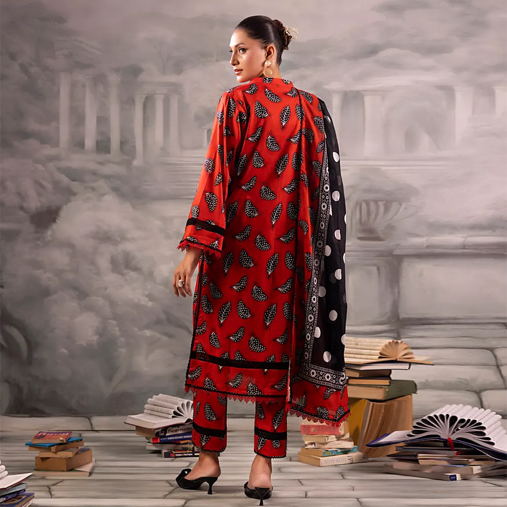 Red Salina Separates Lawn Collection suit worn by model for a bold, festive summer look.