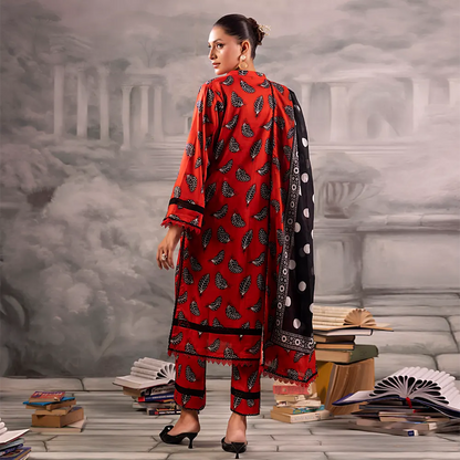 Red Salina Separates Lawn Collection suit worn by model for a bold, festive summer look.