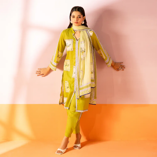 Salina 3pc Unstitched Mid Summer Cotton | Lime Green
