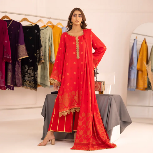 Red | Regalia 3pc Unstitched Jacquard Viscose