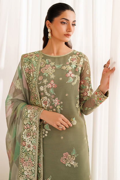 Full front view of the Farasha Luxury Chiffon Embroidered Olive Dazzle suit showcasing the embroidered front and border.