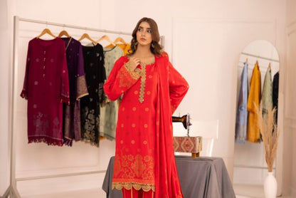 Red | Regalia 3pc Unstitched Jacquard Viscose
