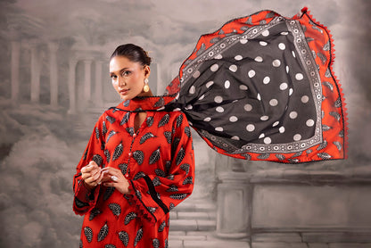Red Salina Separates Lawn Collection suit worn by model for a bold, festive summer look.