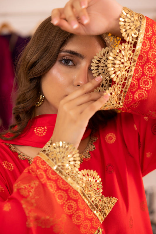 Red | Regalia 3pc Unstitched Jacquard Viscose