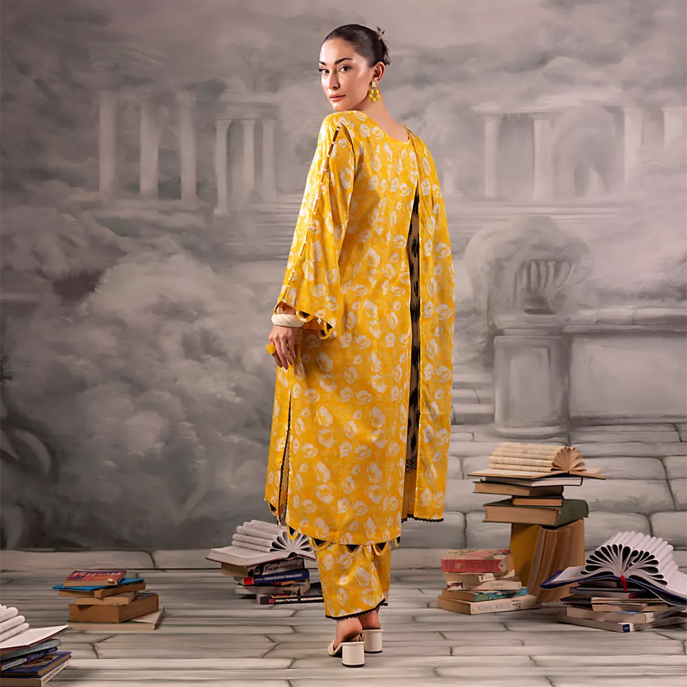 Yellow Salina Separates Lawn Collection unstitched suit worn by model showcasing vibrant style.