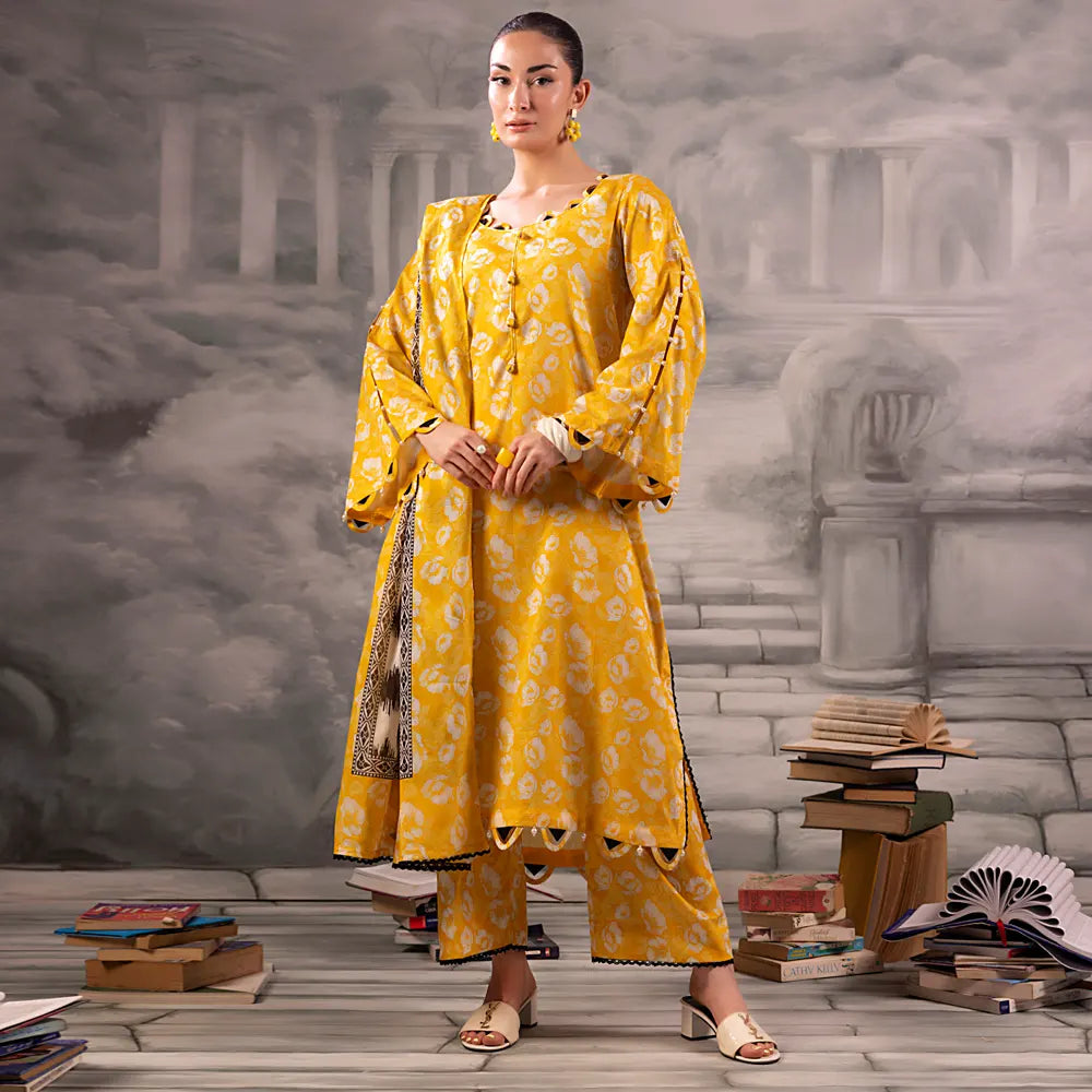 Yellow Salina Separates Lawn Collection unstitched suit worn by model showcasing vibrant style.
