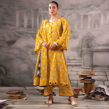 Yellow Salina Separates Lawn Collection unstitched suit worn by model showcasing vibrant style.
