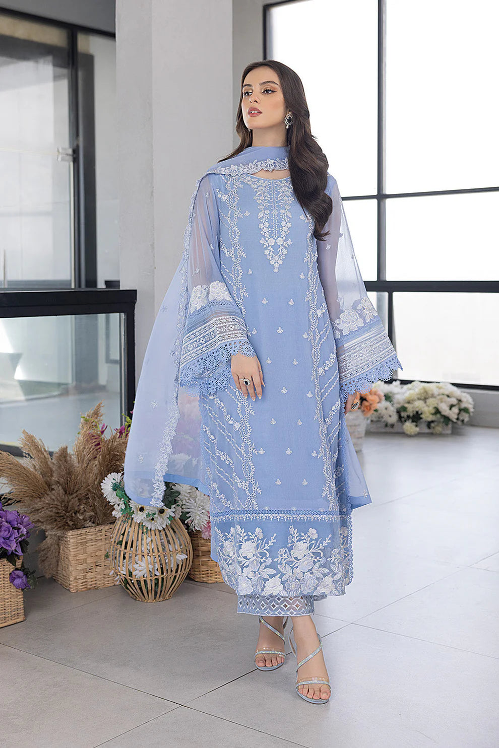 Azure Chiffon  Embroidered - Ice Blue 3-Pc | Replica