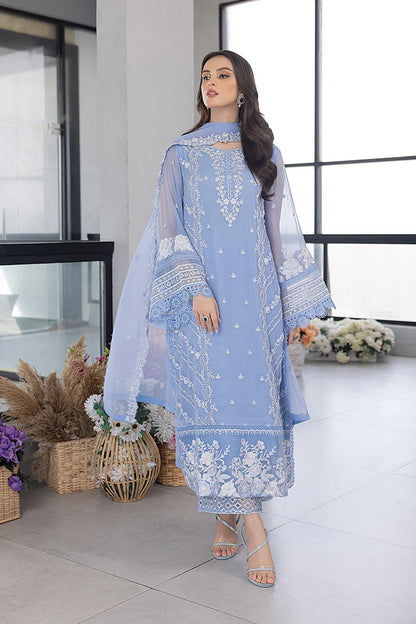 Azure Chiffon  Embroidered - Ice Blue 3-Pc | Replica