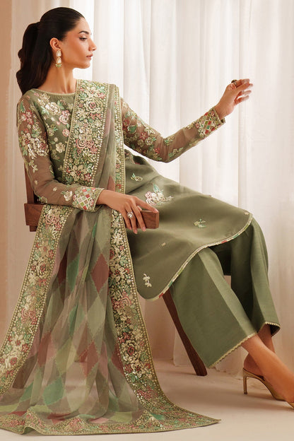 Full front view of the Farasha Luxury Chiffon Embroidered Olive Dazzle suit showcasing the embroidered front and border.