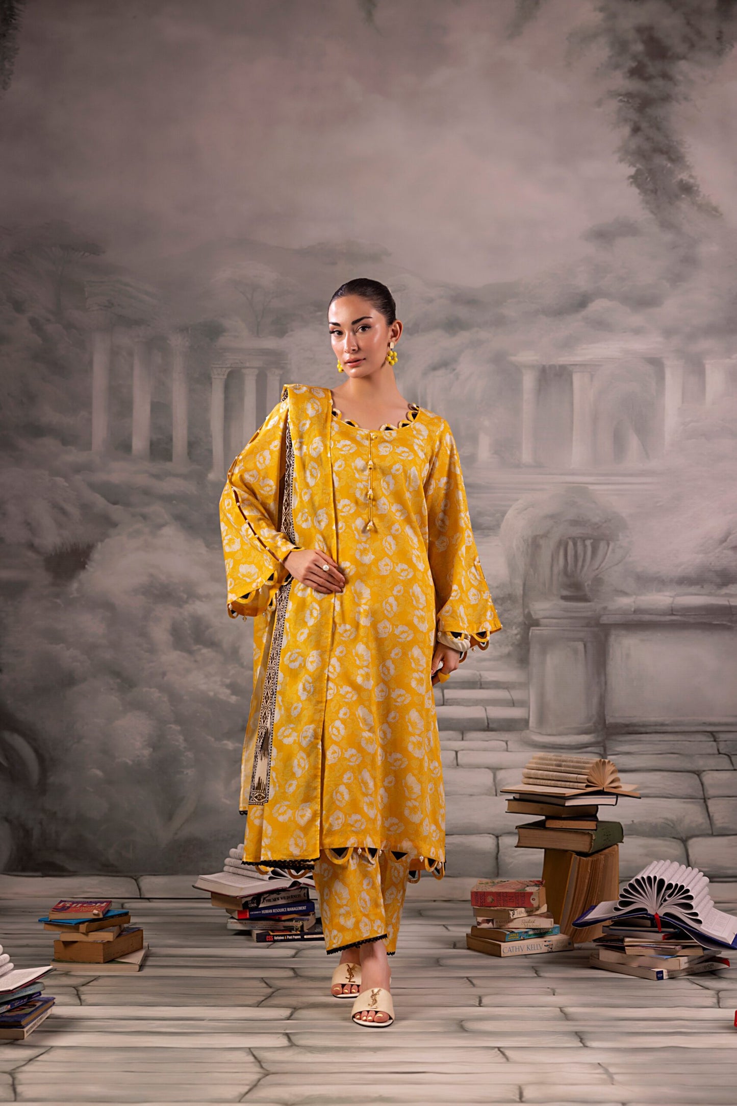 Yellow Salina Separates Lawn Collection unstitched suit worn by model showcasing vibrant style.